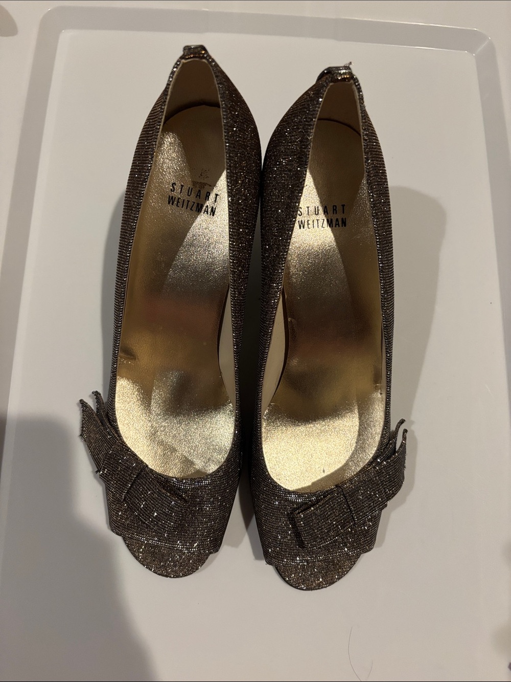 Stuart Weitzman Bronze Glitter Bow Pumps